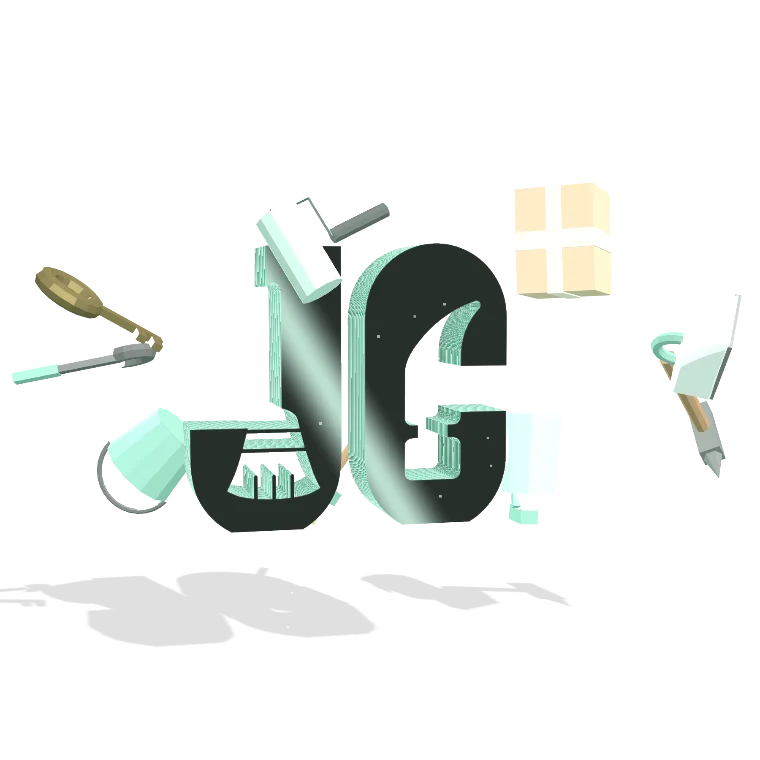 Logo JC Services entouré des outils de nos métiers : clé, marteau, seau, rouleau de peinture